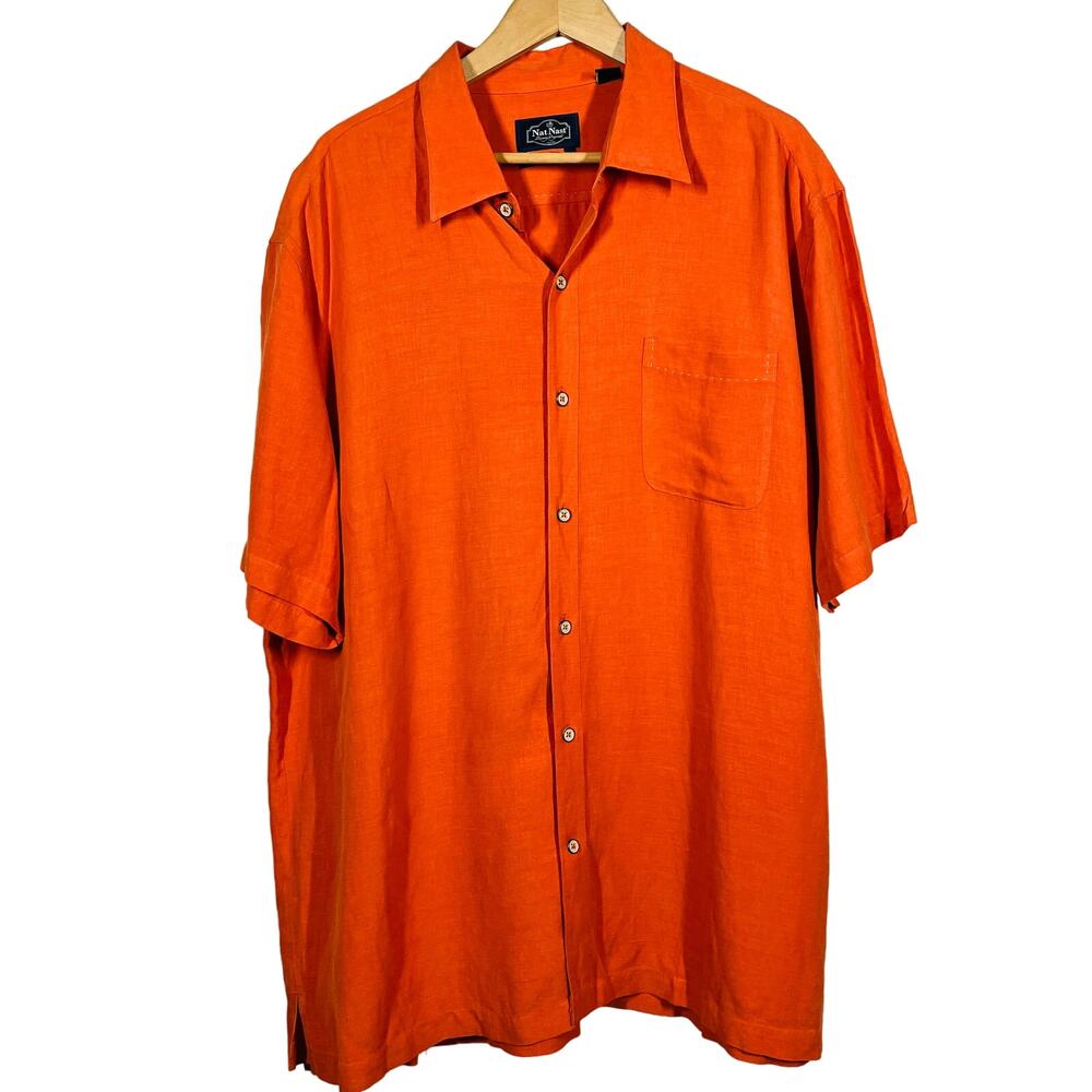 Nat Nast Tropical Orange Silk Embroidered Short Slv Shirt Top Casual Button - XL